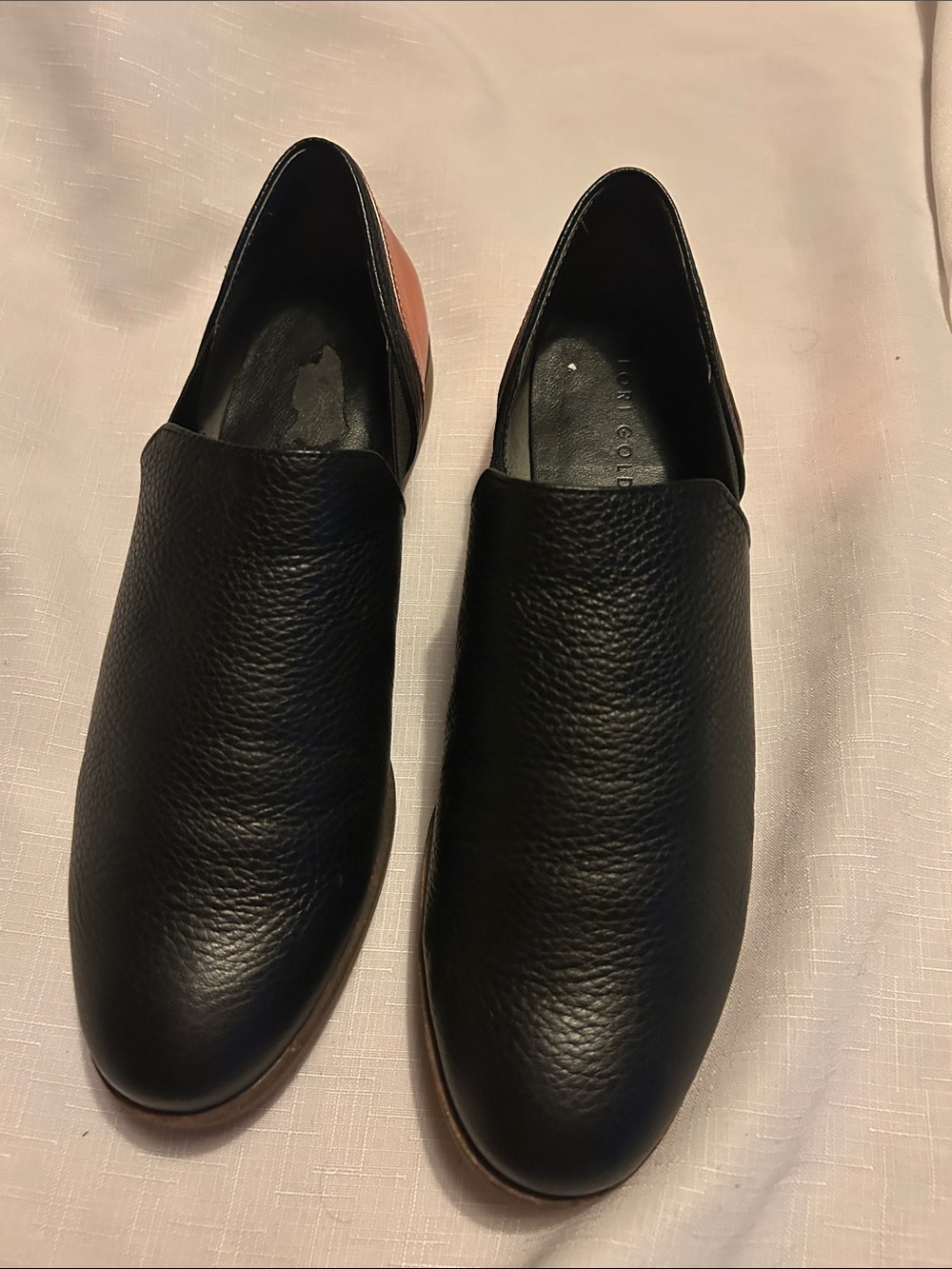 LOGO by Lori Goldstein Black Leather Slip-On Loafers with gold have peeling ins
